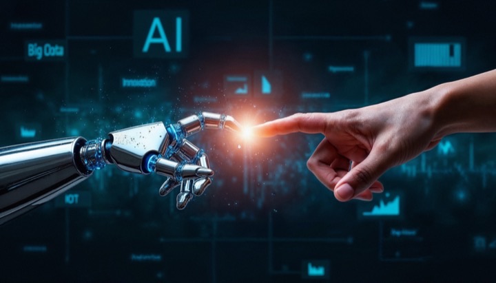 Human hand and robotic hand connecting, symbolizing AI-augmented analytics and intelligent process automation